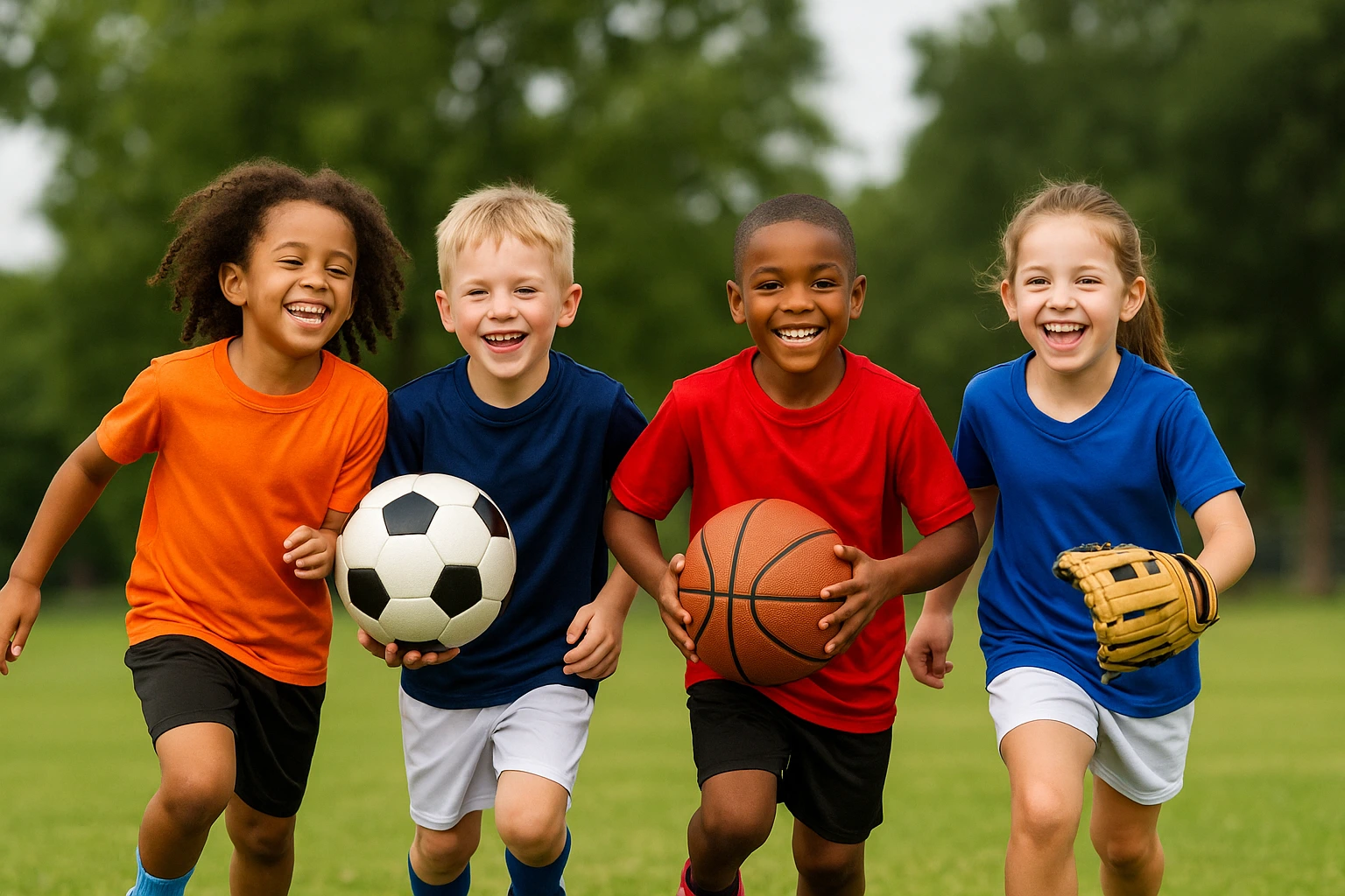 children running with sports equipment