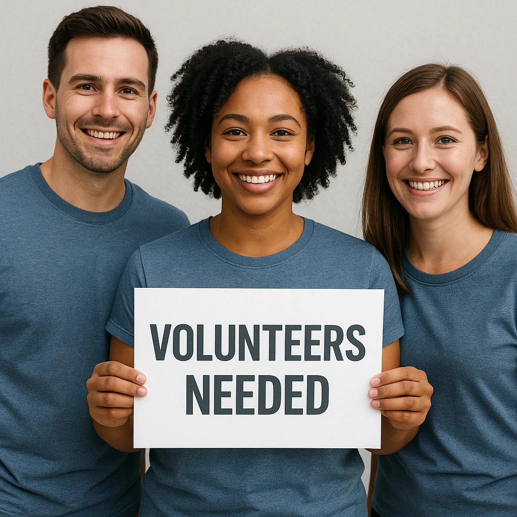three people holding a sign volunteers needed